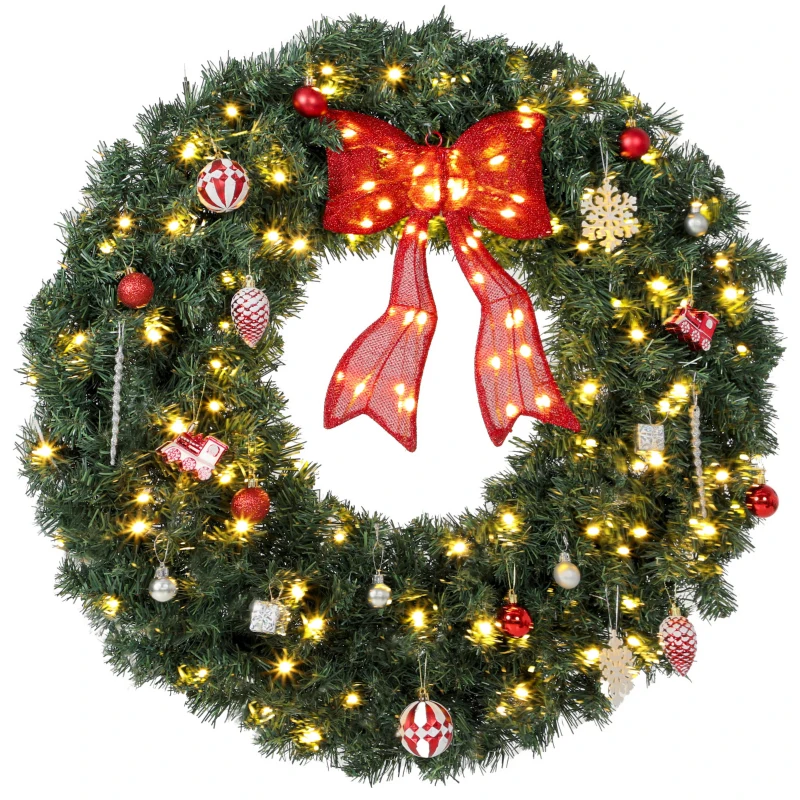 HOMCOM Artificial Xmas Wreath, 36 Inch Pre-Lit Christmas Wreath with 130 LED Lights, Lighted Bow and 21 Ornament Set, Green