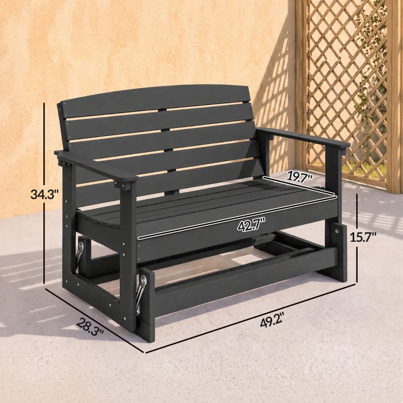 Outsunny Patio Glider Bench w/ HDPE Slatted Double Rocking Chair, Black