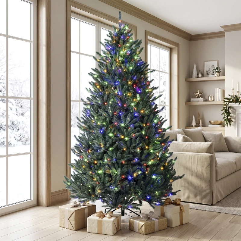 HOMCOM 7.5ft Prelit Christmas Tree, Colorado Blue Spruce, Easy Plug, Hinged Xmas Tree with Warm White & Multi-Color LED Lights