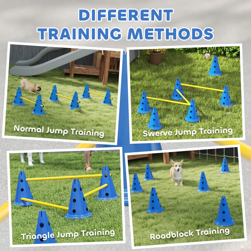 PawHut Dog Agility Hurdle Cone Set, Adjustable Obstacle Course Equipment with 6 Cones & 6 Poles, Carry Bag, Blue