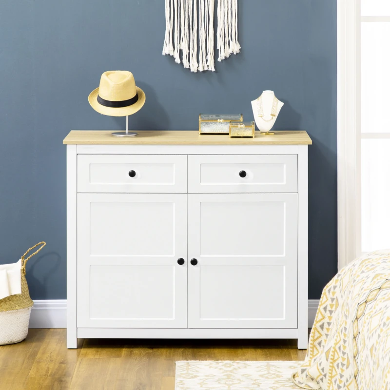 HOMCOM Sideboard, Modern Kitchen Storage Cabinet with Drawers and Adjustable Shelf, for Living Room and Entryway, White