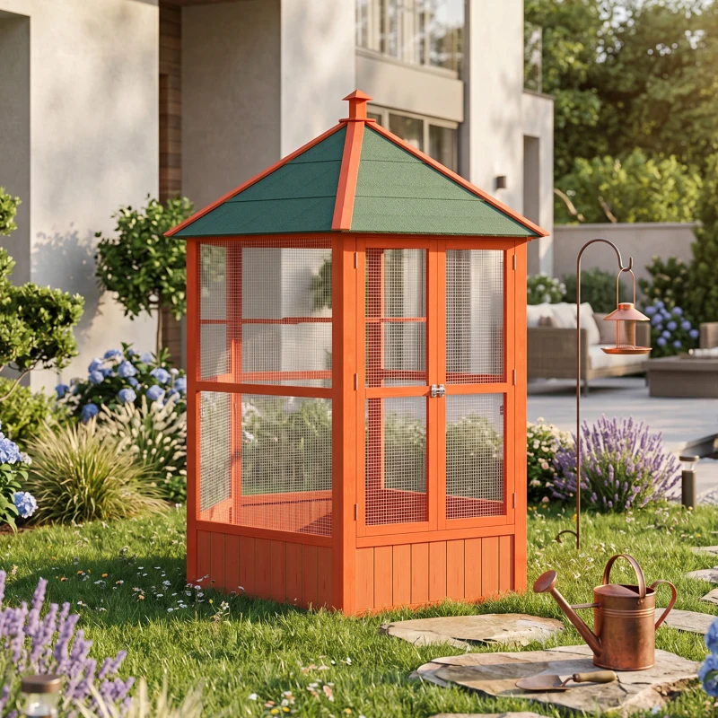 PawHut 69" Wooden Hexagonal Outdoor Aviary Flight Bird Cage With Covered Roof, Brown(m-9)