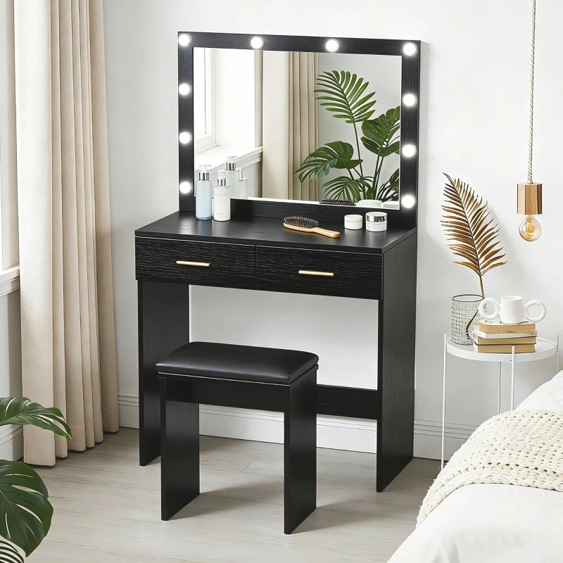 HOMCOM Makeup Vanity Desk Set with Stool, Dressing Table with LED Lighting Mirror, Drawers, for Bedroom, Black