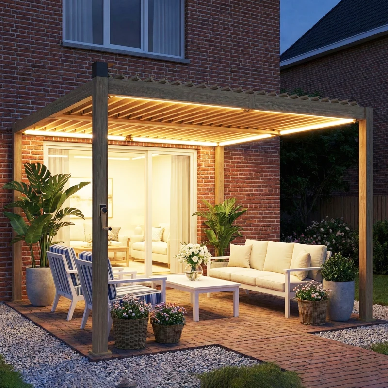 Outsunny 10' x 10' Louvered Pergola with Solar LED lights, Metal Roof, Outdoor Pergola Patio Gazebo with Drainage Gutters, Brown