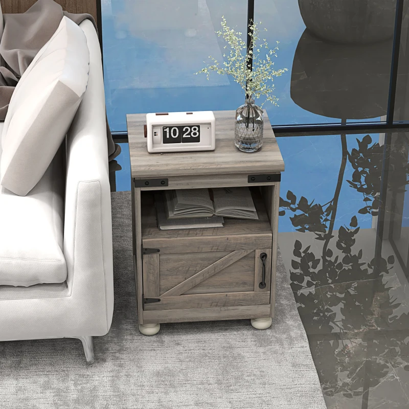 HOMCOM Side Table with Storage, End Table with Open Shelf, Cupboard and Wood Legs, Modern and Farmhouse Style, Gray