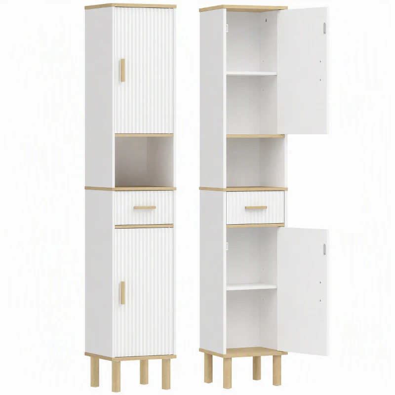 HOMCOM Tall Bathroom Storage Cabinet, Freestanding Bathroom Cabinet with Drawer, Adjustable Shelves, Open Compartment, White