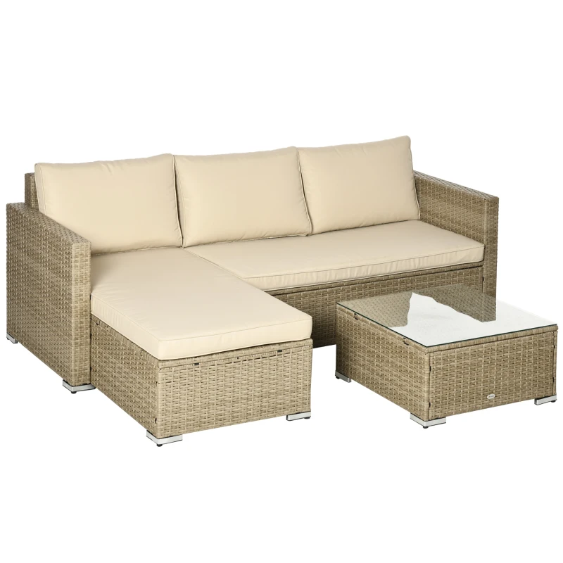 Outsunny 3 Piece Sectional Patio Furniture Set, Outdoor Wicker Rattan Sofa Couch with Table, Storage, 52.75"x30"x29.5", Khaki