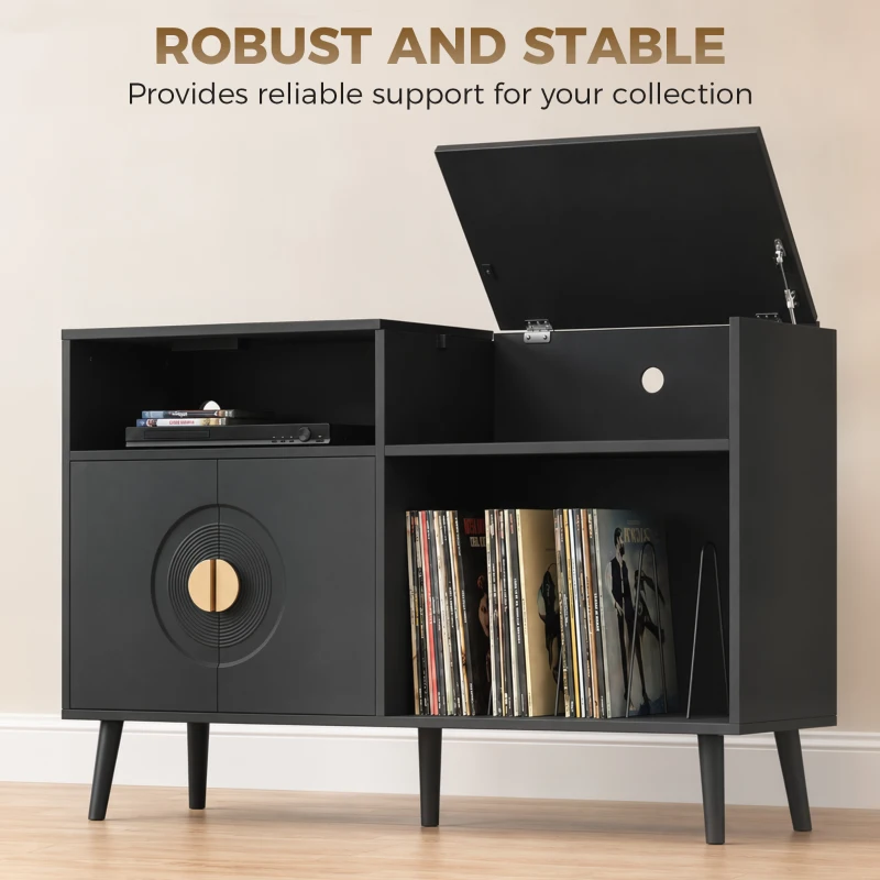 HOMCOM Record Player Stand with Power Outlets, Vinyl Record Holder with Storage Holds Up to 300 Albums, Black