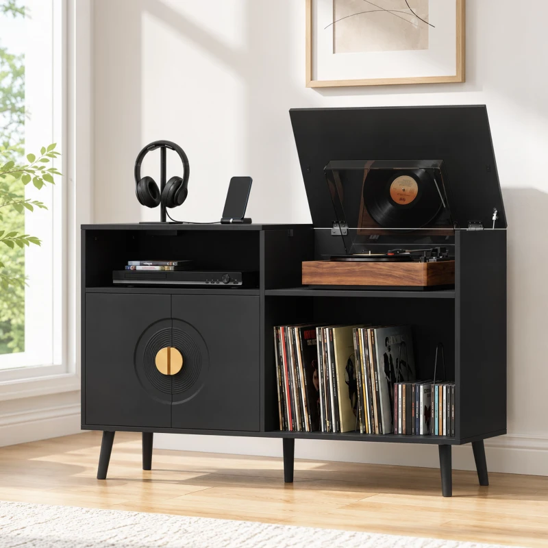HOMCOM Record Player Stand with Power Outlets, Vinyl Record Holder with Storage Holds Up to 300 Albums, Black