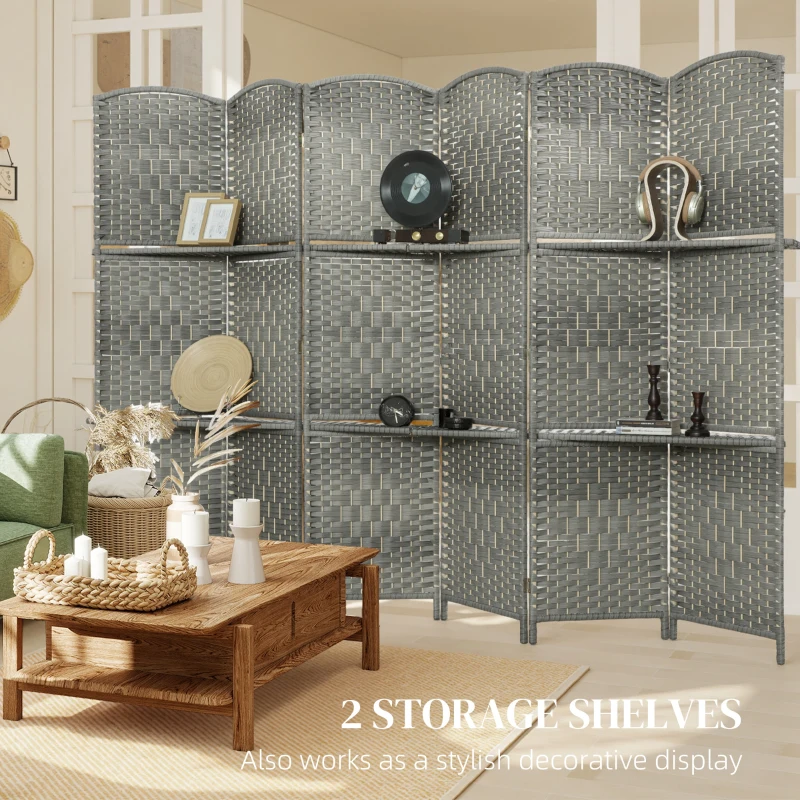 HOMCOM 6 FT Privacy Screen, 6 Panel Room Divider with Shelves for Living Room Bedroom Home Office, Grey