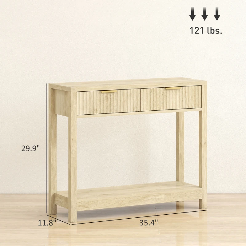 HOMCOM 35" Console Table with Storage, Narrow Entryway Table with Fluted Panel Drawers and Shelf for Hallway, Natural