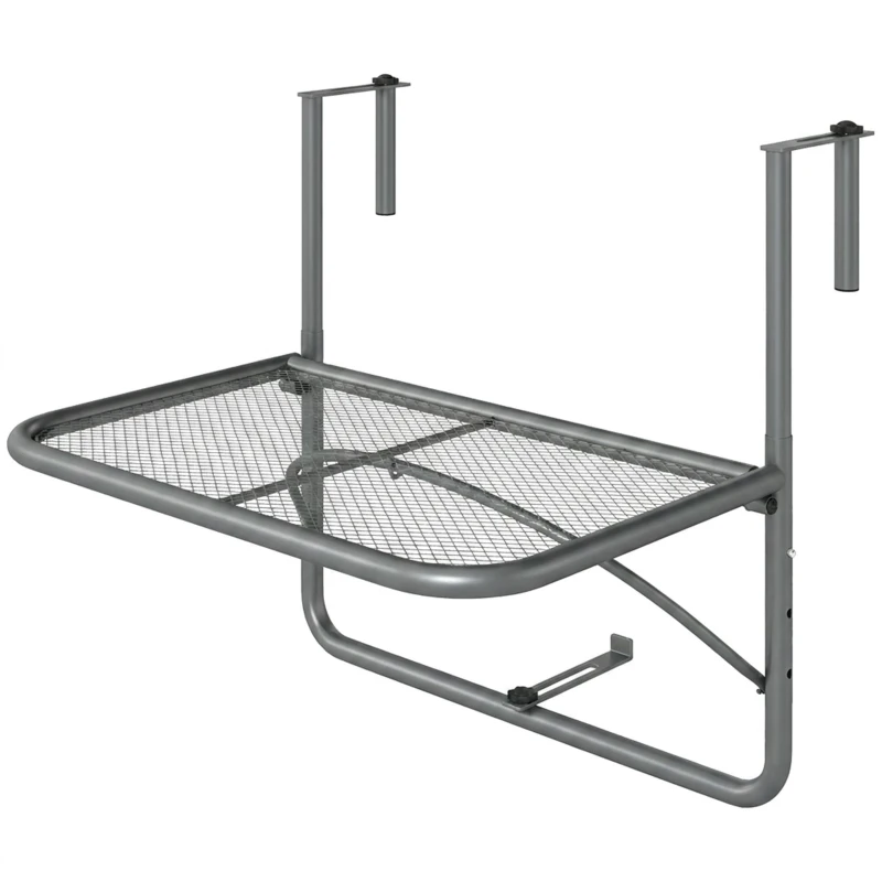 Outsunny Adjustable Balcony Hanging Railing Table, Metal Mounting Mini Wall Desk Storage Rack, Outdoor Flower Stand Serving Table Rectangle, Grey