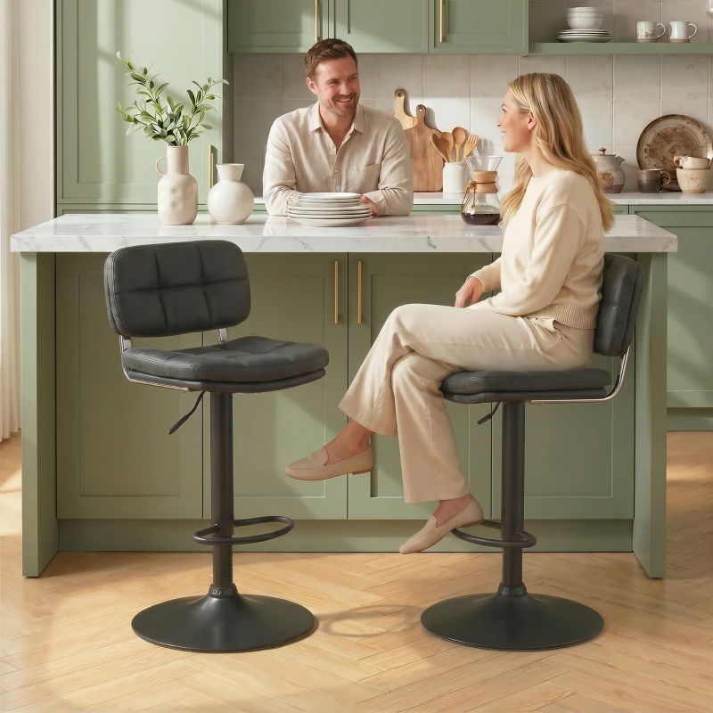 HOMCOM Bar Stools Set of 2, Swivel Counter Height Barstools with Adjustable Height, Back and Footrest, PU Leather Bar Chairs