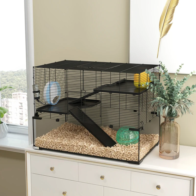 PawHut 30" Hamster Cage, Gerbil Cage with Glass Basin for Small Hamsters, Black