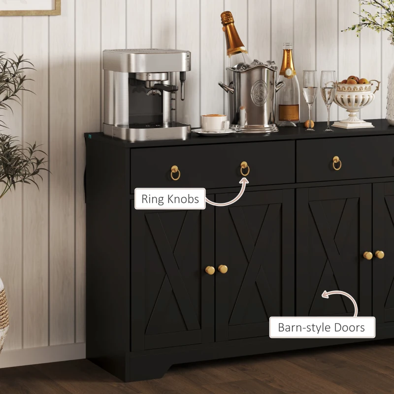 HOMCOM Sideboard Cabinet with 2 Drawers, 4 Barn Doors and 2 Adjustable Shelves, Buffet Table for Living Room, Black