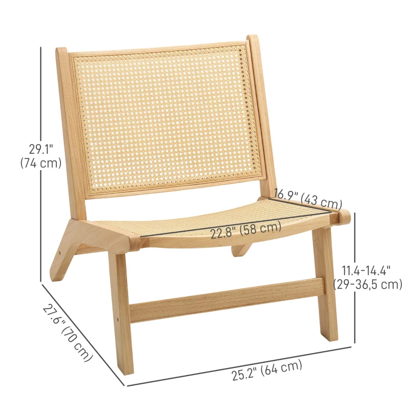 HOMCOM Rattan Accent Chair, Mid-Century Leisure Chair with Rubber Wood Frame, for Bedroom Living Room, Natural