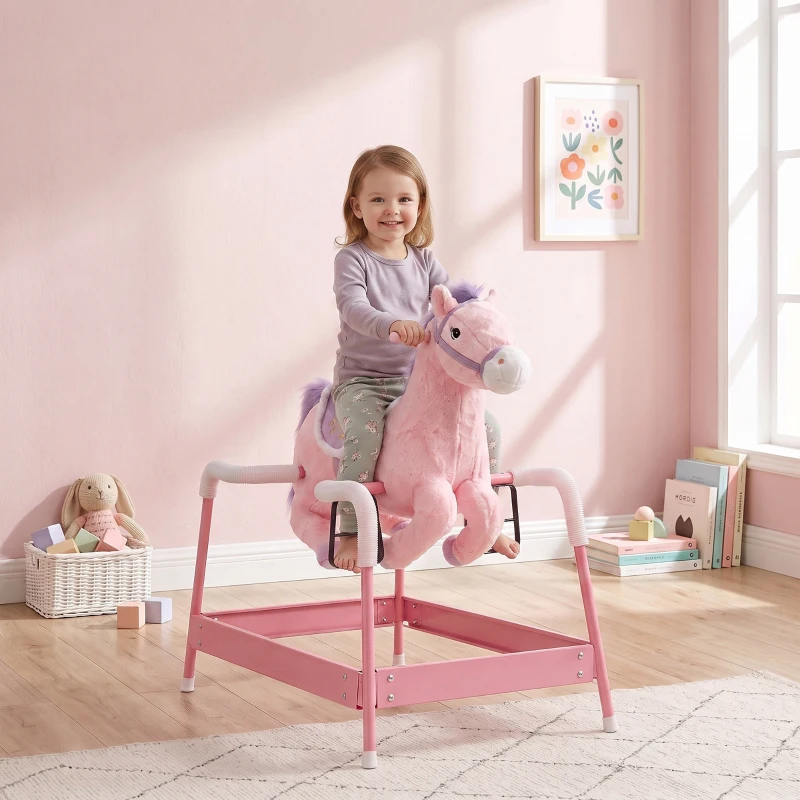 Qaba Kids Spring Rocking Horse, Ride on Horse with Neighing Sounds, Plush Animal Ride on Toy for Ages 3+ Years, Pink