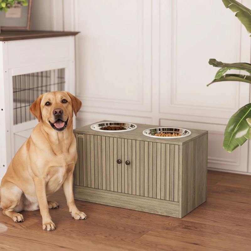 PawHut Elevated Dog Bowls with Storage Cabinet,  2 Stainless Steel Bowls, Slow Feeder, Dog Feeding Station for Large Dogs, Brown Wood Grain