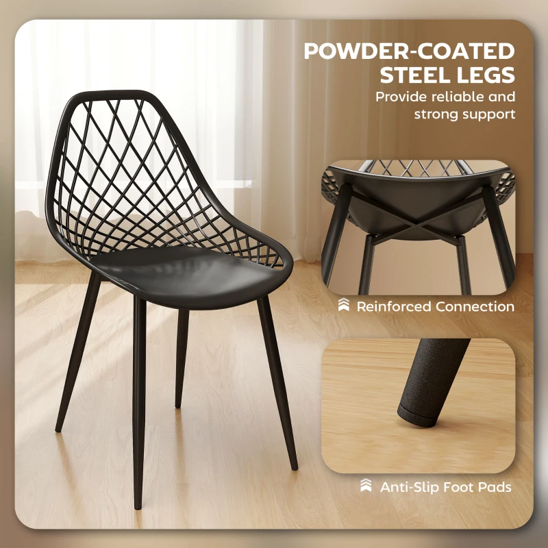 HOMCOM Modern Dining Chairs Set of 4, Plastic Kitchen Chairs with Hollow Backrest and Metal Legs for Living Dining Room, Black