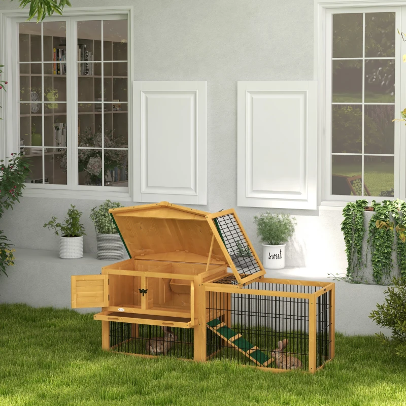 PawHut Wood Rabbit Hutch w/ Ramp, Openable Roof, Pull-out Tray, Yellow
