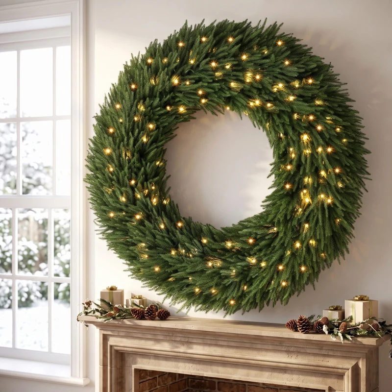 HOMCOM Christmas Decoration, 48 in Pre-Lit Norfolk Pine Artificial Christmas Wreath with 150 LED Lights, Green