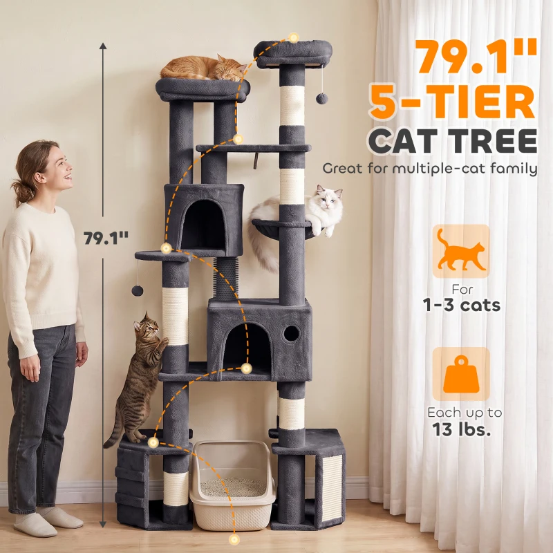 PawHut 79" Extra Large Cat Tree Tower with Dual Baseboard for Large Adult Big Cats, Dark Gray