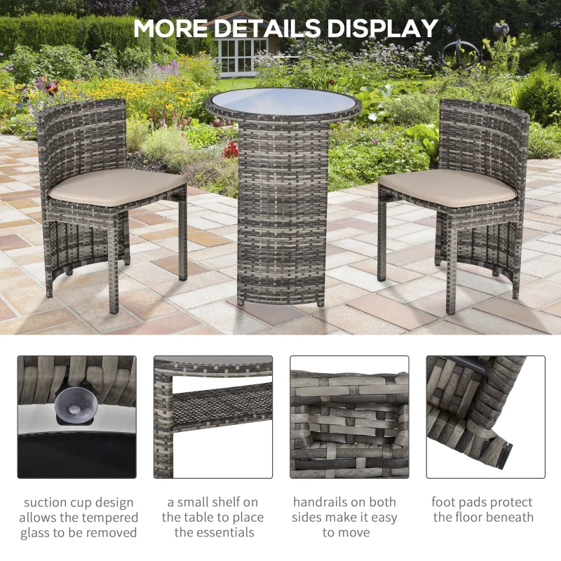 Outsunny 3 PCS Outdoor Rattan Wicker Bistro Set with Storage Shelf, Glass Top Table, Soft Cushioned Chairs and Space Saving Design, Patio Conversation Set for Garden Backyard Porch, Grey