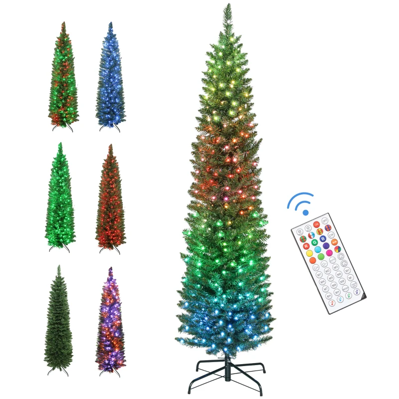 HOMCOM 6ft Christmas Tree with Colourful DIY Synchronized LEDs, Hinged Pencil Xmas Tree with Remote, Daily Timer, Green