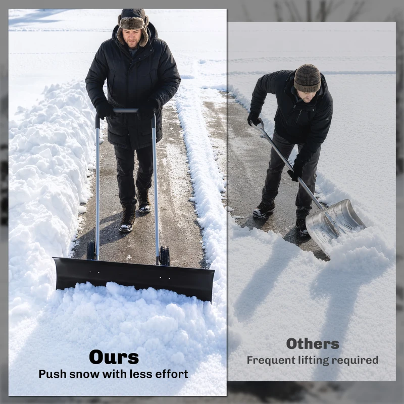 Outsunny 37-Inch Extra Wide Snow Shovel with Wheels, Heavy Duty Aluminum Snow Pusher with Ergonomic Adjustable Handle, Black