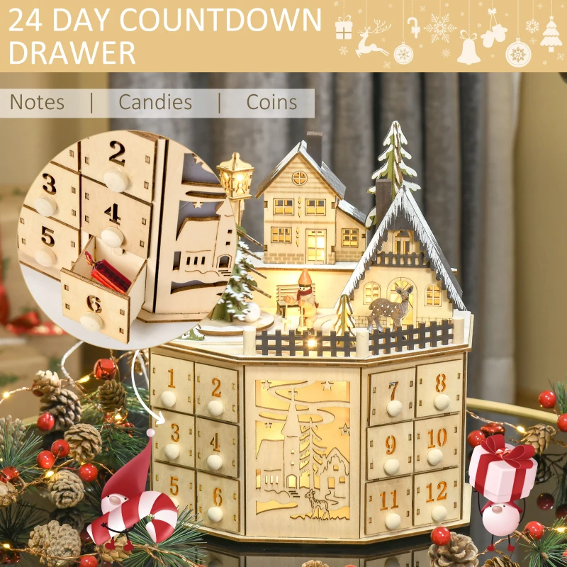 HOMCOM Wooden Christmas Advent Calendar, Lighted 24 Days Countdown to Christmas Table Decoration with Drawers for Kids and Adults, Battery Operated, Natural