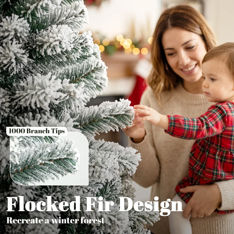 HOMCOM 7ft Snow Flocked Christmas Tree with 1000 Branch Tips, Hinged Design, Artificial Fir Xmas Tree, Green and White
