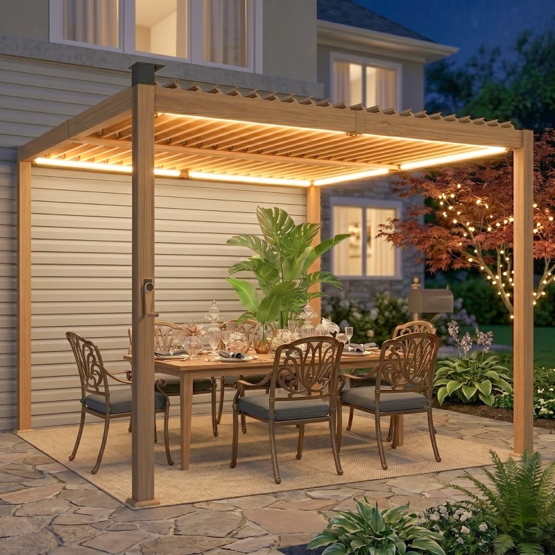 Outsunny 10' x 10' Louvered Pergola with Solar LED lights, Metal Roof, Outdoor Pergola Patio Gazebo with Drainage Gutters, Brown