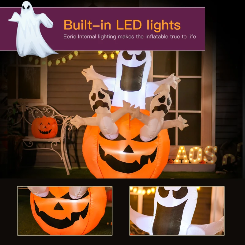 HOMCOM 6FT Tall Halloween Inflatable Jack-O-Lantern and Ghosts, Outdoor Blow Up Yard Decoration with Pumpkin Lantern and LED Lights for Garden, Lawn, Party, Holiday
