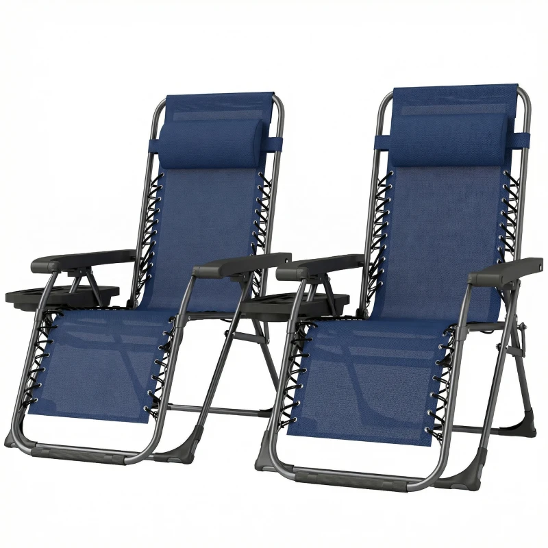 Outsunny Zero Gravity Chair Set of 2, Folding Reclining Outdoor Lounge Chair with Cup Holder, Headrest, Dark Blue