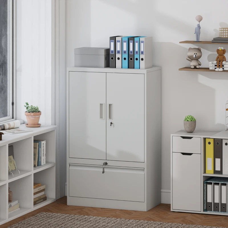HOMCOM Lateral Filing Cabinet, Metal Storage Cabinet, Garage Cabinet with Double Locks, Adjustable Shelf and File Drawer, White