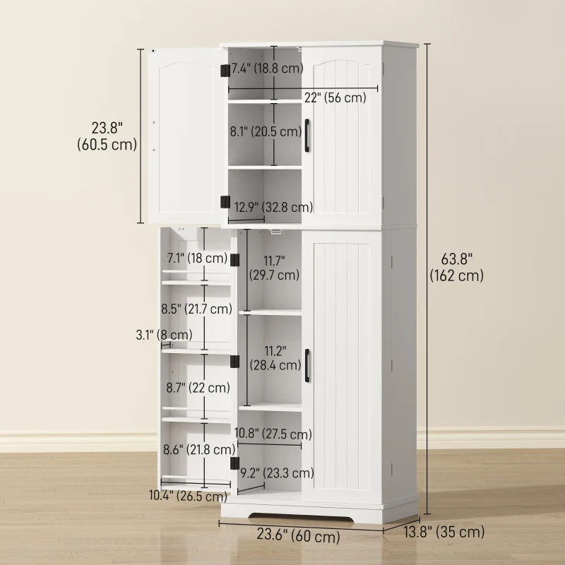 HOMCOM Tall Pantry Cabinet, 64" Storage Cabinet with Adjustable Shelves and 8 Door Spice Racks for Kitchen, Dining Room, White