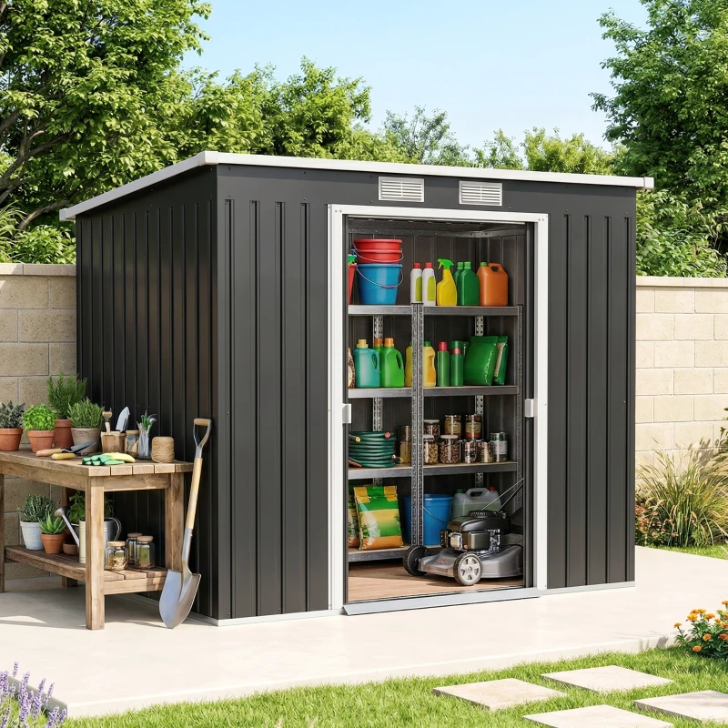 Outsunny 7 x 4ft Galvanised Steel Garden Shed, with Foundation Kit - Dark Grey