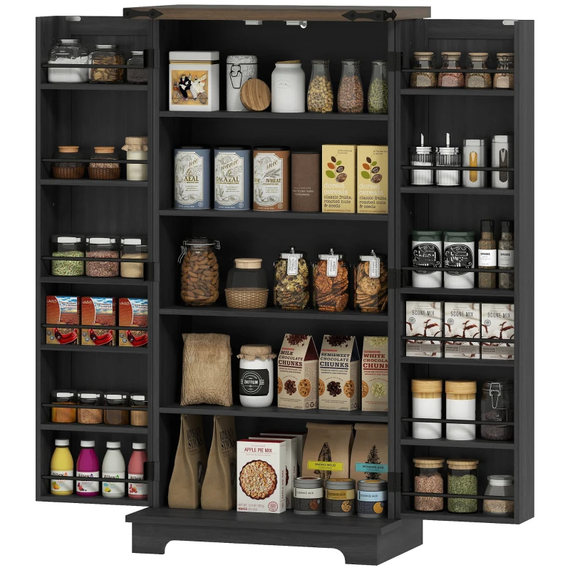 HOMCOM 47" Kitchen Pantry Storage Cabinet, Farmhouse Kitchen Pantry Cabinet with Adjustable Shelves and Door Shelves, Black