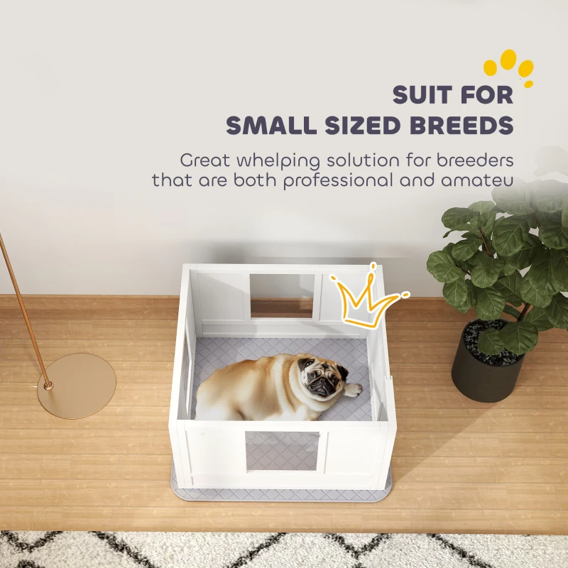 PawHut Whelping Box for Dogs with Whelping Pad, Adjustable Entrance, Non-slip Foot Pads, for Small Dogs, White
