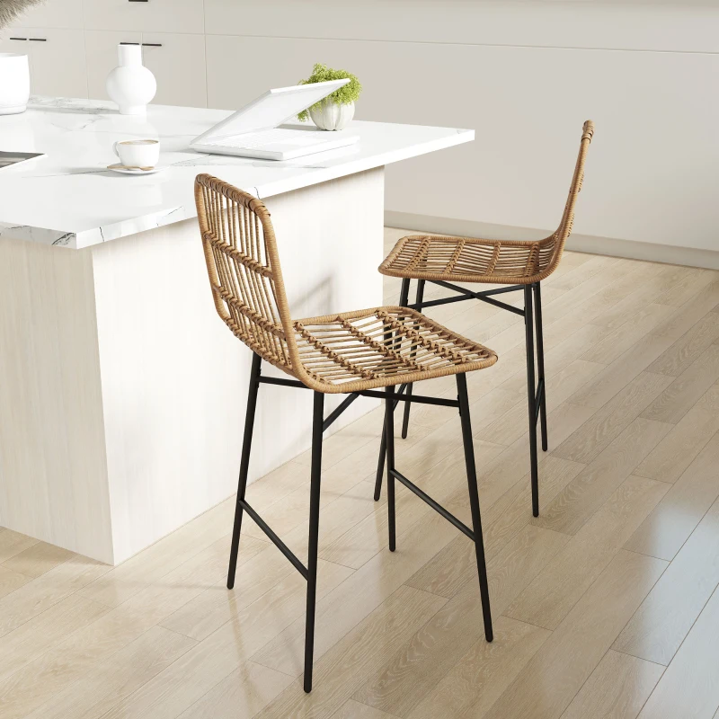 HOMCOM Rattan Counter Bar Stools Set of 2, 26" Counter Height Barstools with Back, Bar Chairs for Kitchen Island, Brown