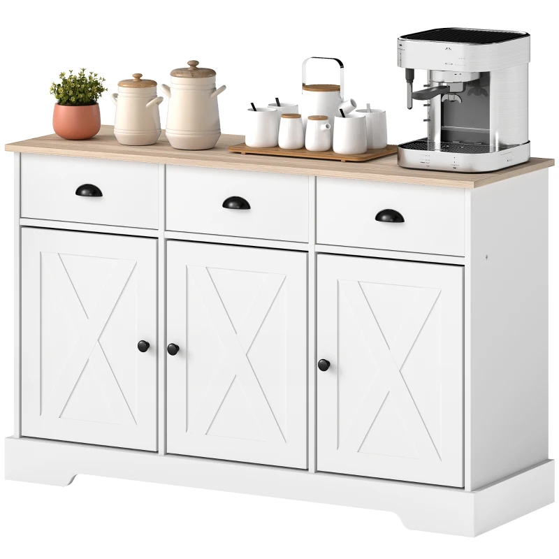 HOMCOM 46.5" Buffet Cabinet, Farmhouse Sideboard with 3 Barn Doors and 3 Drawers for Living Room, Kitchen, White