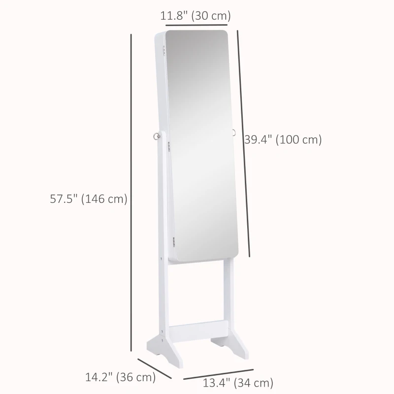 HOMCOM Freestanding Mirror Jewelry Cabinet Armoire, LED Lighted Jewelry Organizer with Stand, Angle Adjustable, White