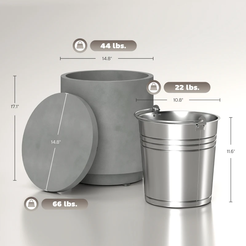 Outsunny 2.6 Gal Outdoor Side Table, 3-In-1 Concrete Cooler Bar Table with Storage, Removable Ice Bucket and Lid, Gray