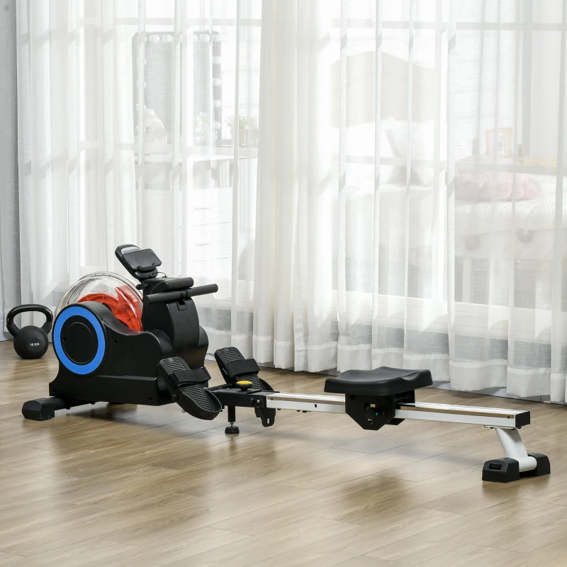 Soozier Foldable Rower Machine, Water Rowing Machine with Wheels, LCD Monitor and Tablet Holder for Cardio Training, Blue