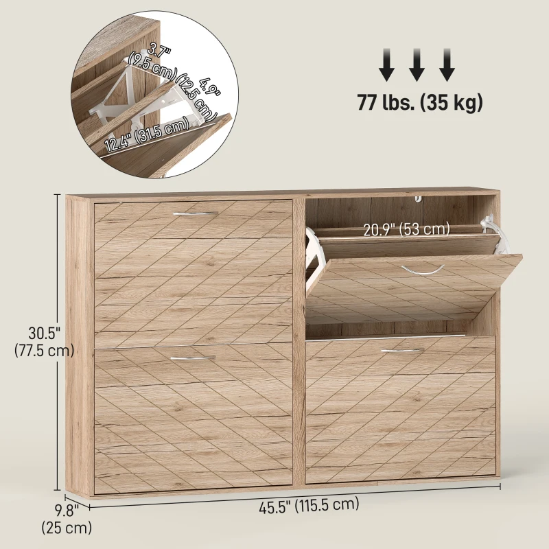 HOMCOM Shoe Storage Cabinet with 4 Flip Drawers, Narrow and Slim, 12-20 Pair of Shoes Organizer for Hallway, Entryway, Oak