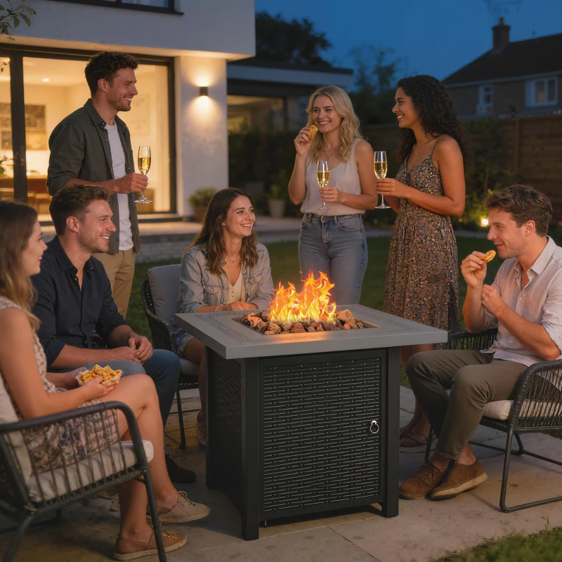 Outsunny Propane Fire Pit Table, 28" 40000 BTU Outdoor Gas Fire Table with Lava Rocks and Lid, Black