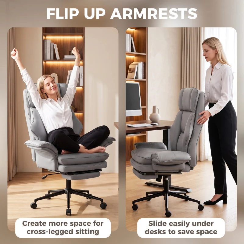 HOMCOM Cross Legged Office Chair with Footrest, 396 lbs Reclining Computer Desk Chair with High Back, Flip-up Armrests, Grey