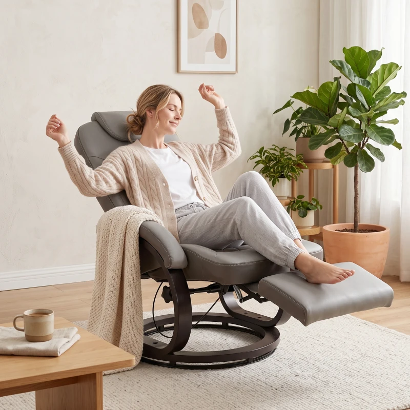 HOMCOM Faux Leather Manual Recliner, Swivel Lounge Chair with Adjustable Backrest, Footrest and Round Base, Gray