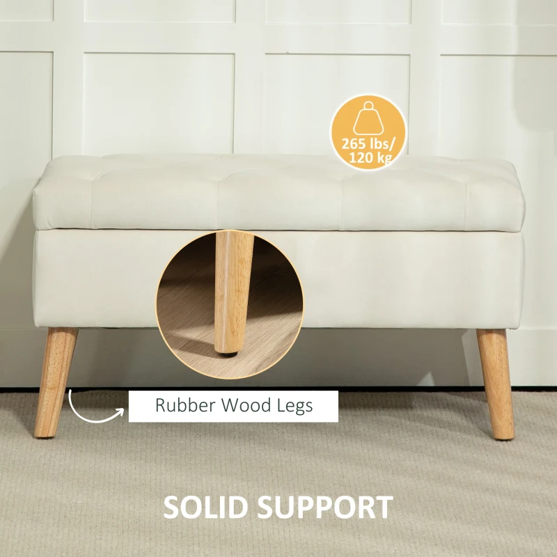 HOMCOM Storage Ottoman with Lid, Velvet Upholstered Storage Bench with Wood Legs for Living Room, Cream White