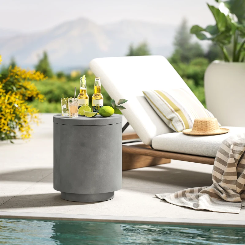 Outsunny 2.6 Gal Outdoor Side Table, 3-In-1 Concrete Cooler Bar Table with Storage, Removable Ice Bucket and Lid, Gray